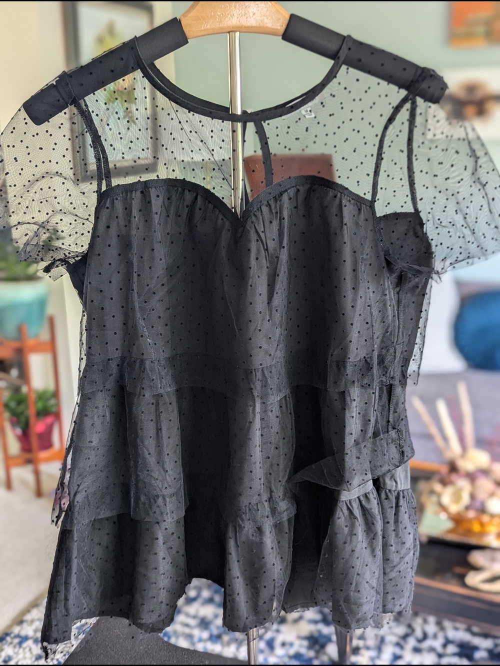 White Birch Black Swiss Dot Ruffle Peplum Blouse